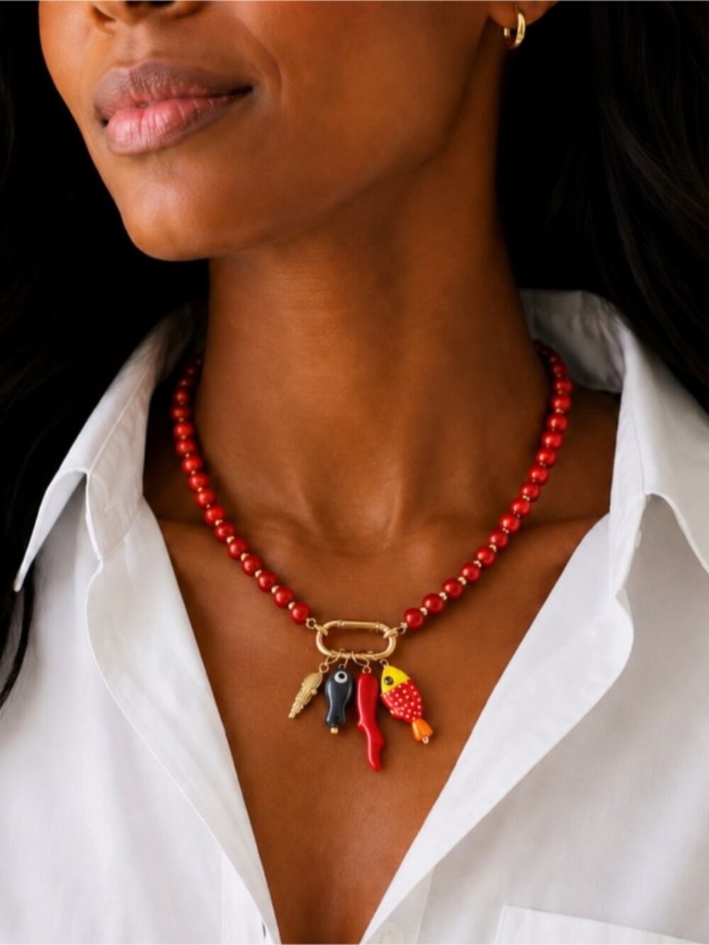 New! Coastal Colorful Red Beaded Fish Carabiner Necklace NWOT 5053